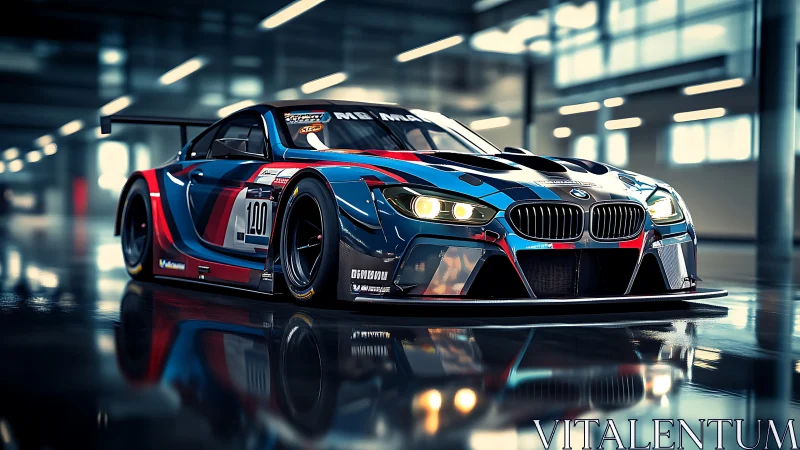 BMW race car model is rendered in a reflective workshop