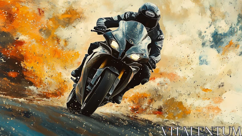 Motorcyclist on sport bike amid abstract smoke and debris.