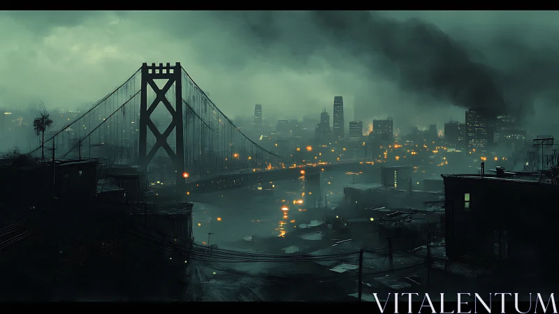 Dystopian suspension bridge over neon lit ruined cityscape.