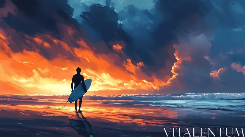 Digital painting of lone surfer at cinematic sunset shoreline.