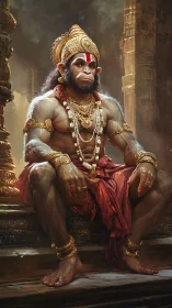 Regal monkey deity resting in golden, templelit splendor.