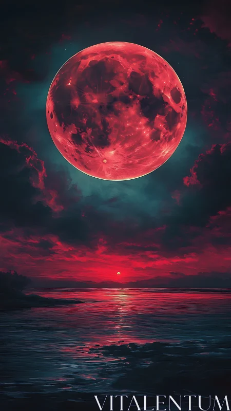 Crimson supermoon dominates a neon-lit ocean horizon