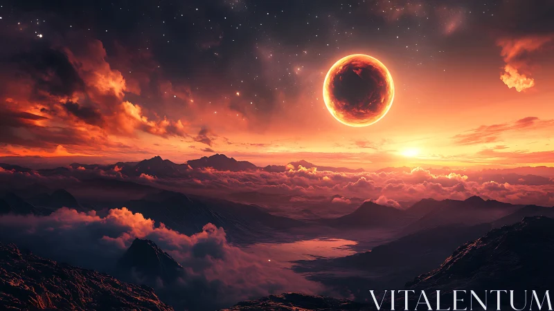 Fiery alien eclipse burns above misty crimson mountains