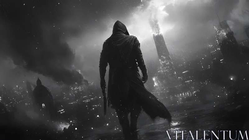 Hooded vigilante in rain-soaked dystopian cityscape at night.