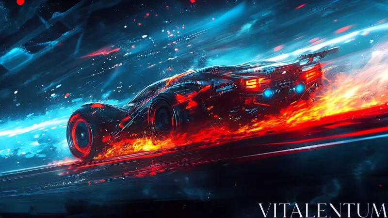 Neon inferno racer streaks through a blazing cyber skyline.
