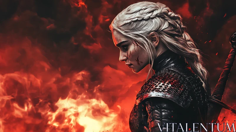 Silver haired warrior in black scale armor before blazing fire