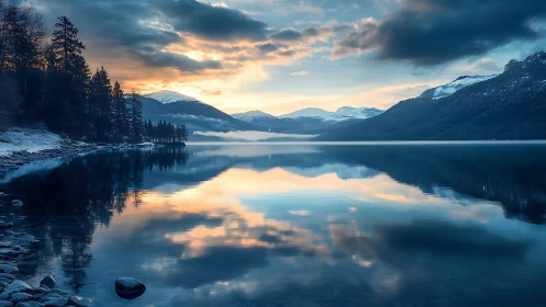 Snowy mountains mirrored in serene blue twilight lake.