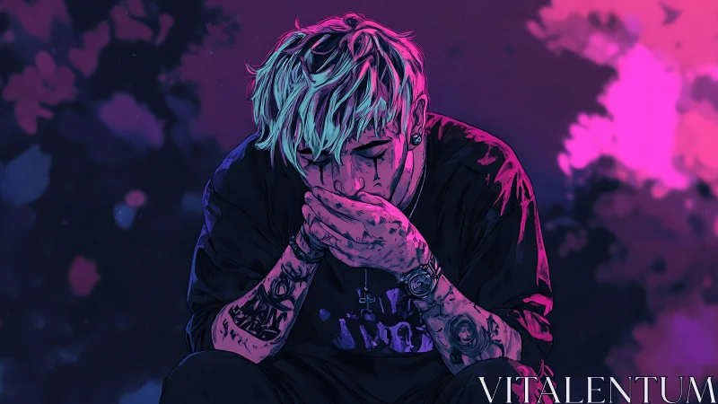 Neon-lit melancholic figure rendered in moody digital tones