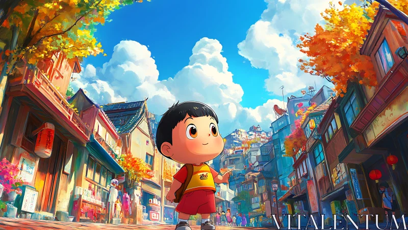 Curious child explores a bright autumn city street scene.