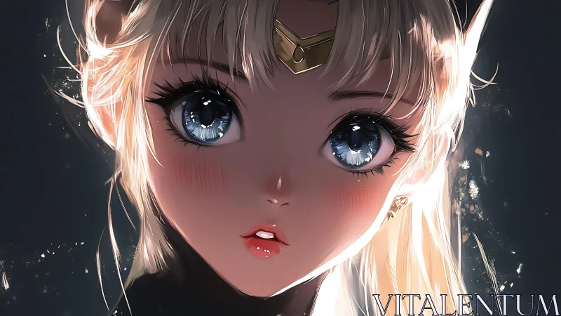 Blonde anime girl with blue eyes in dramatic close-up portrait.
