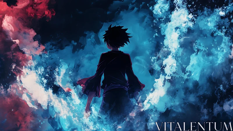 Silhouetted anime figure stands between red and blue energy clouds