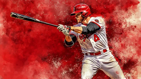 Crimson dust explodes as a locked‑in batter unleashes swing.