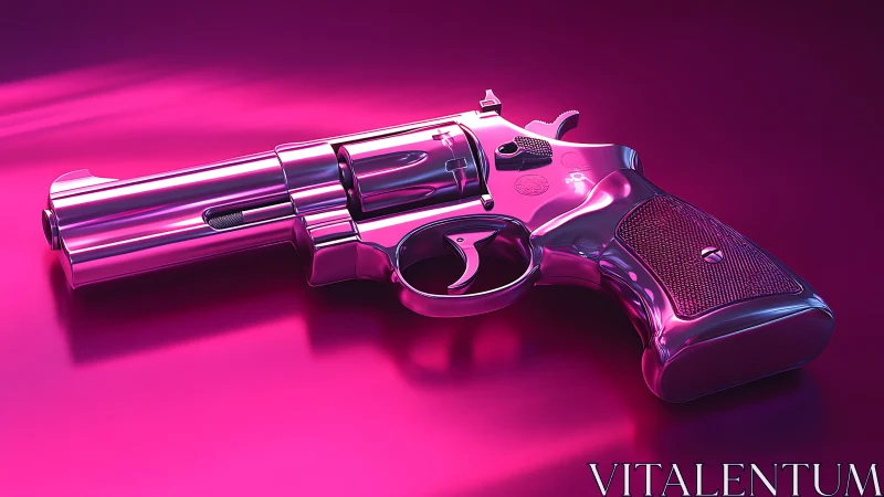 Rendered metallic revolver lies under uniform magenta lighting