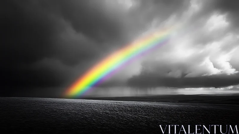 Rainbow spanning monochrome storm landscape under clouds.