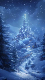 Starlit winter citadel crowned by luminous alpine snowfields.