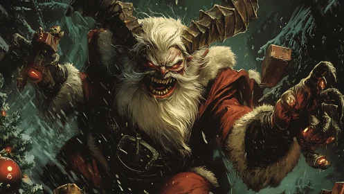 Demonic horned Santa lunges forward under blizzard-lit moonlight