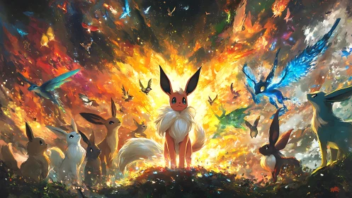 Eevee evolutions stand united amid swirling elemental light.