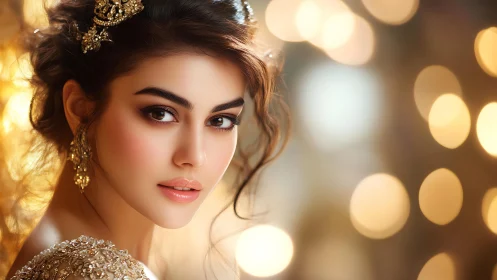 Portrait of elegant woman with ornate hairpiece and bokeh.