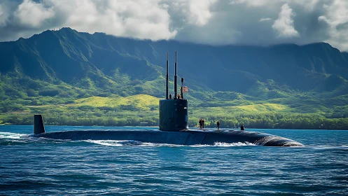 Nuclear submarine surfaced offshore with tropical mountains.