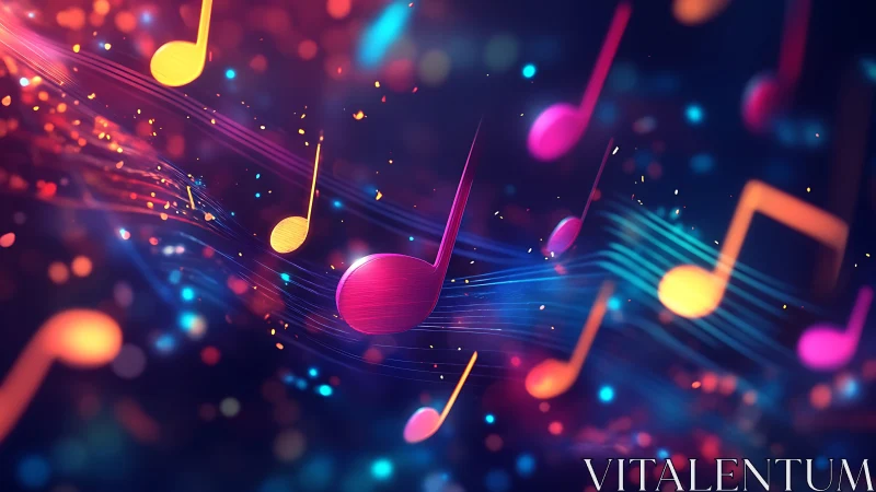 Neon music notes surfing glowing sound waves at night.