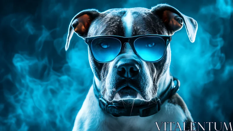 Cool-nosed canine commands a neon-blue smoke spotlight