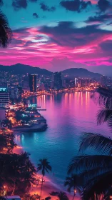 Neon lit coastal cityscape with high rise skyline at dusk.