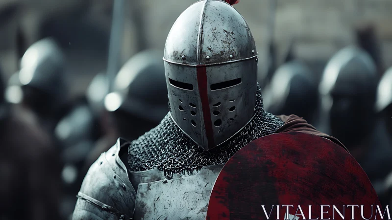 Armored medieval knight stands in formation with round shield