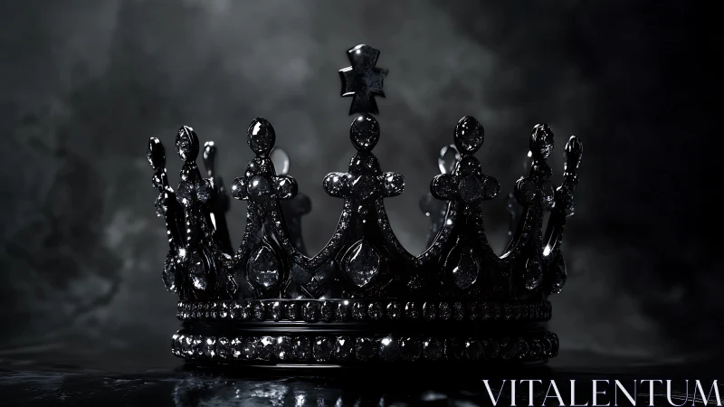 Dark metallic jeweled crown rests against a low key backdrop