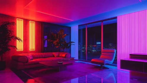 Neon lit modern living room with panoramic night city view.
