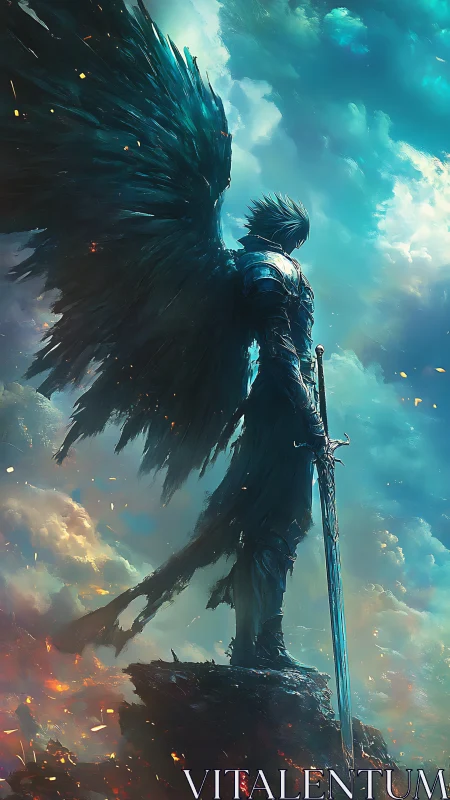 Dark winged warrior stands vigilant beneath stormlit skies.