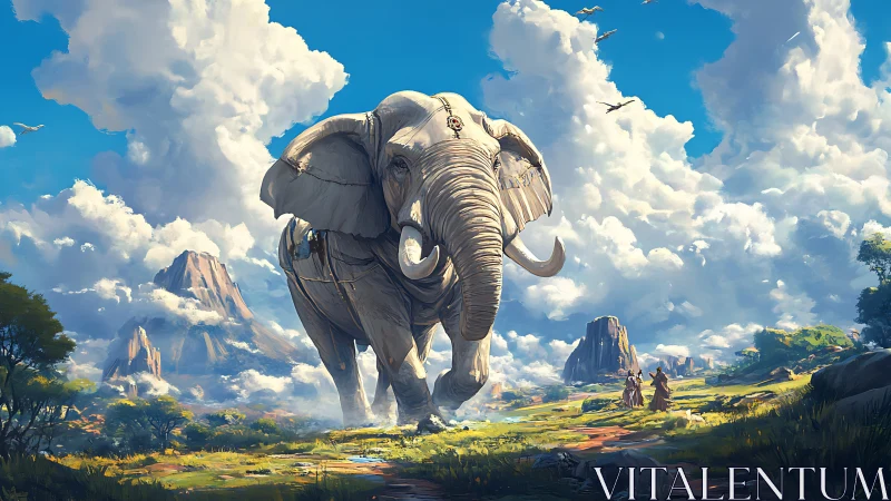 Majestic white elephant strolls calmly through bright clouds
