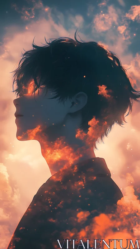 Dreamy silhouette boy wrapped in glowing sunset clouds.