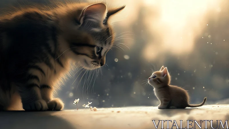 Giant Cat Observes Kitten in Golden Sunlit Moment.