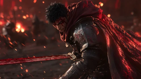 Blood-lit warrior poised in embers, cloak roaring scarlet flame.