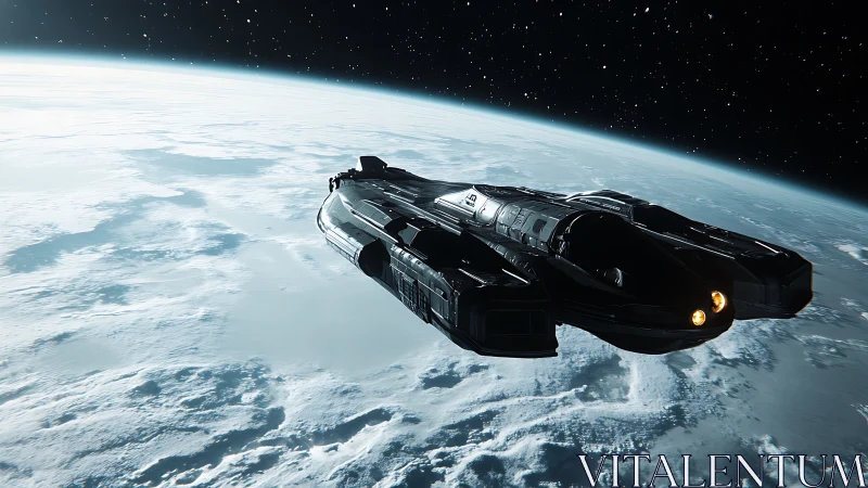 Stealth black starship glides above icy planetary horizon.