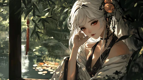Elegant white haired anime girl rests by a tranquil koi pond