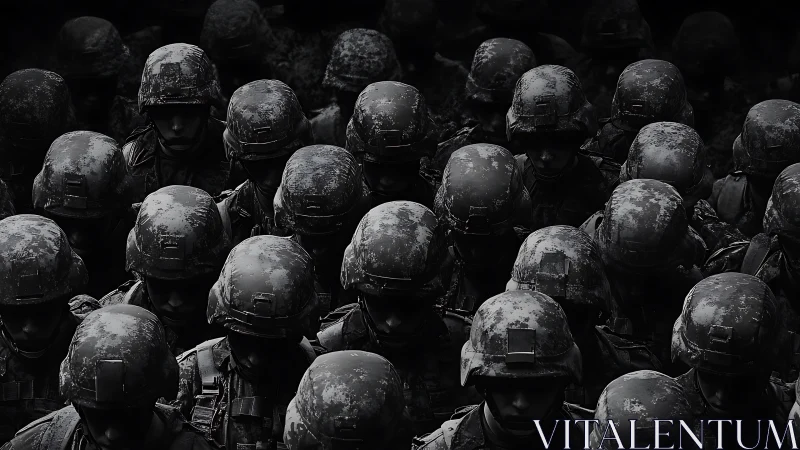 Monochrome military formation in dense overhead compression.