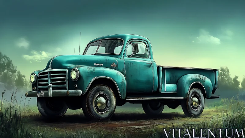 Digital painting of teal vintage pickup truck in rural field.