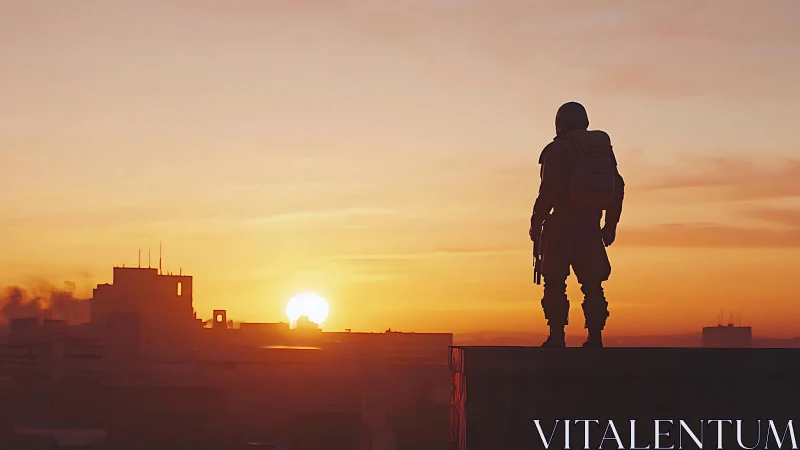 Lone rooftop wanderer watches a glowing urban sunset.