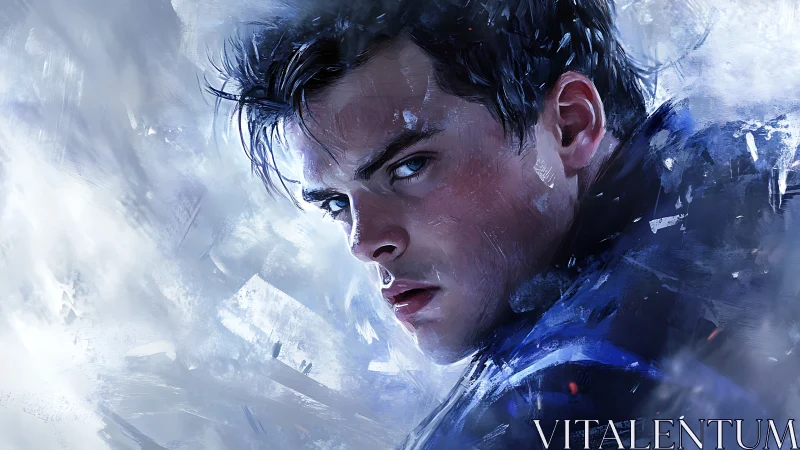 Storm-lit gaze of a determined young hero in motion.