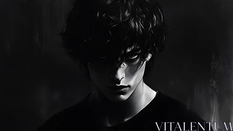 High-contrast monochrome portrait isolates a brooding male figure