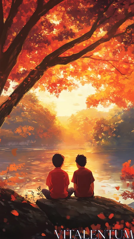 Backlit autumn lakeside scene captures two boys in warm chiaroscuro