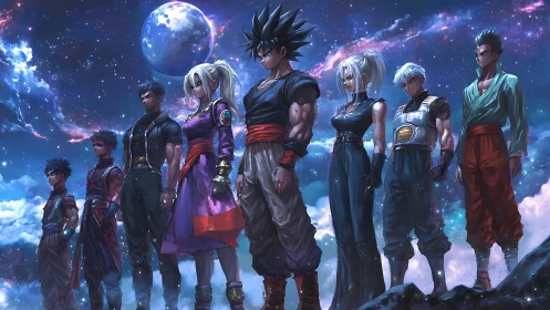Starlit anime warriors stand united beneath a glowing cosmic sky