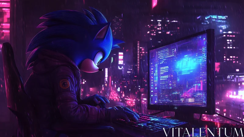 Neon city hacker hedgehog types under glowing cyber rain
