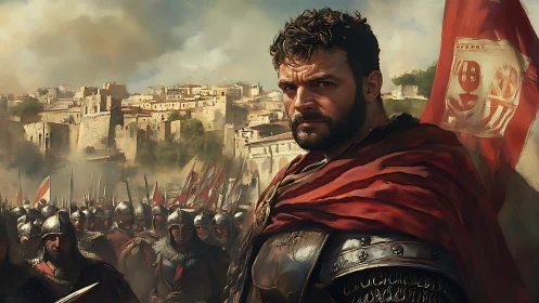 Roman commander leading armored legion before city walls.
