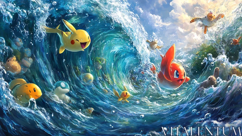 Playful aquatic creatures swirl through dynamic ocean waves.