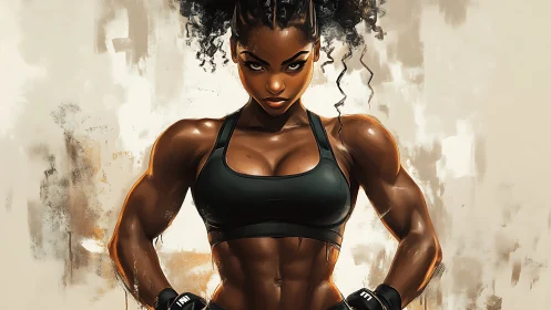 Muscular digital portrait of focused athletic woman in stance.