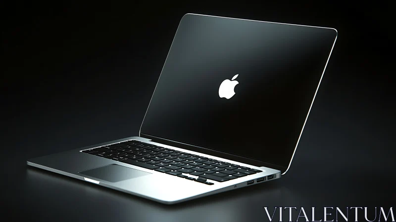 Open silver laptop with illuminated logo on dark background.