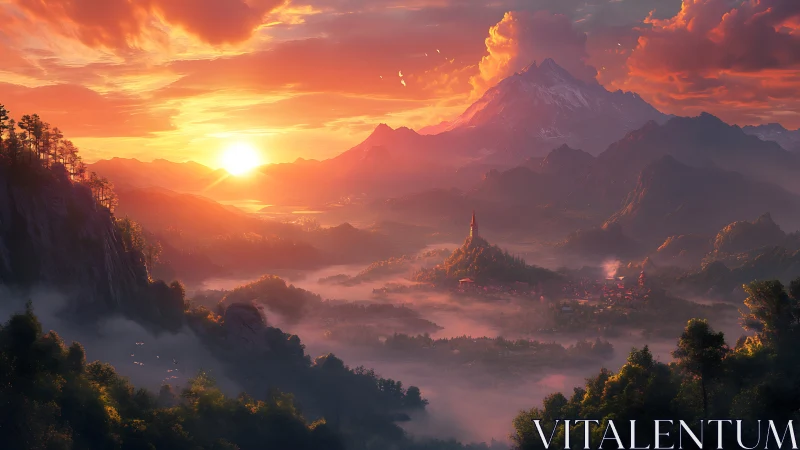 Sunrise illuminates a misty valley with distant mountain range