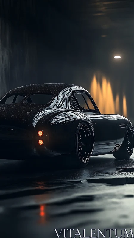 Classic black coupe in dim tunnel with wet reflective floor.